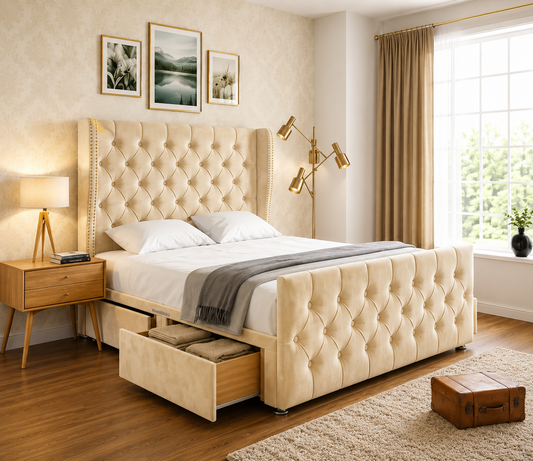 Ella Chesterfield Winged Divan Bed With Curved Headboard